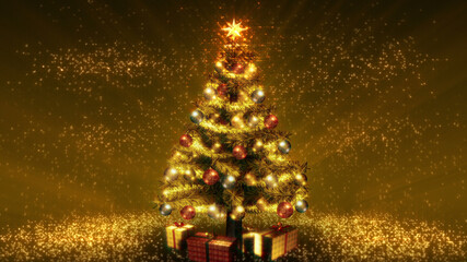 Christmas tree 3D illustration. Also available as an animation - search for 197543178 in Videos. Gold background.