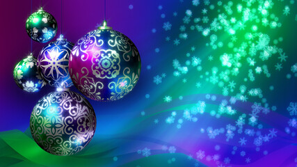 Christmas 3D background. Also available as an animation - search for 197536264 in Videos. Xmas decorations and falling snowflakes. Blue, silver, purple and green.