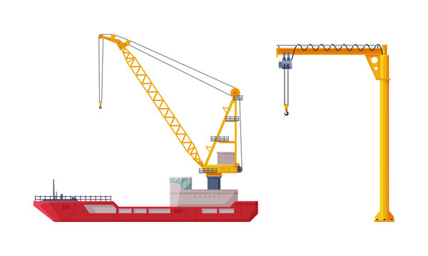 Crane Machine Equipped with Hoist Rope and Sheaves for Lifting and Lower Heavy Freight Vector Set