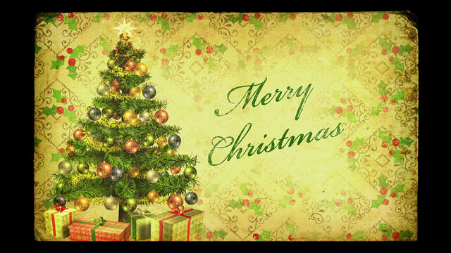 Christmas tree on vintage postcard with Merry Christmas message. Also available as an animation - search for 197518485 in Videos. Digitally created illustration.
