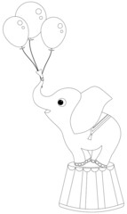 Cheerful baby elephant plays with balloons in the circus.