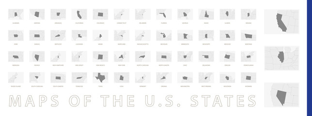 A collection of maps of all the U.S. States in gray color.