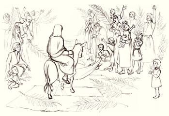 Fototapeta na wymiar Jesus' Entry into Jerusalem. Pencil drawing
