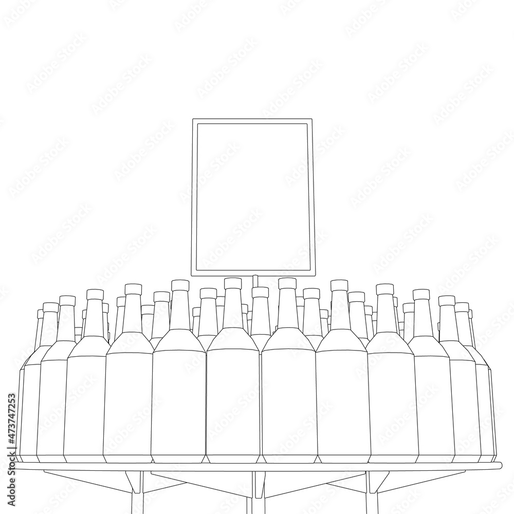 Poster the outline of a circular counter with many bottles. bottled drinks store counter. front view. vecto
