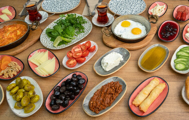 Breakfast table. Traditional Turkish Breakfast Table (Serpme Kahvaltı). Turkish style breakfast.