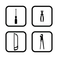 Four vector icons for construction in a square frame on a white background: screwdriver, construction pliers, construction wrench, construction hand saw.