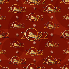 Tiger. 2022. Winter festive template with tiger and congratulations on red background. Gold tiger