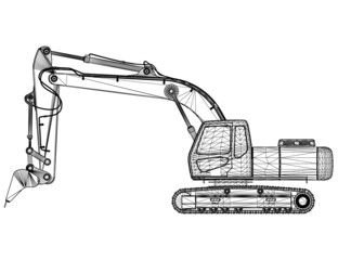 Excavator wireframe from black lines isolated on white background. Side view. 3D. Vector illustration