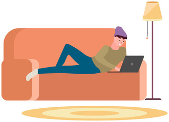 Chatting, communication and sending messages via Internet. Man is lying and using laptop to chat. Typing on computer keyboard, online home relaxation. Guy spends time at laptop for communication