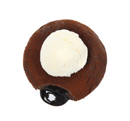 Delicious fresh fondant with hot chocolate and ice cream isolated on white, top view