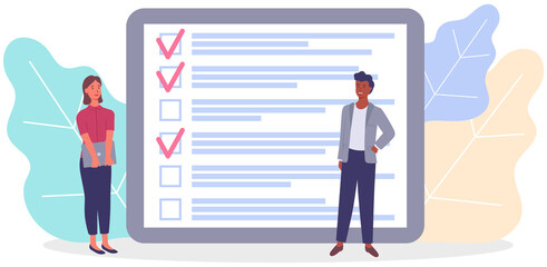 Month scheduling, to do list, time management concept. Man and woman stand near to do list and discuss schedule. Plan fulfilled, task completed, timetable sheet. People work with check list planning