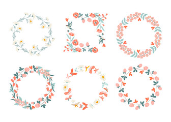 Set of vector frames for Valentine's Day from wildflowers, butterflies and swallows