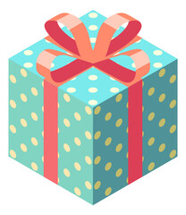 Bright wrapped gift box with red bow in flat isometric style