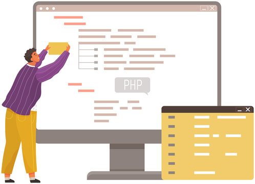 Programmer engineering and coding. Coder programmers working on web development on computer. Concept of script coding and programming in php, javascript, python, other languages. Software developers