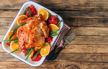 Festive celebration roasted chicken with Pomegranate and Orange