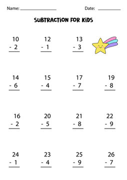 Subtraction with cute star. Educational math game for kids.