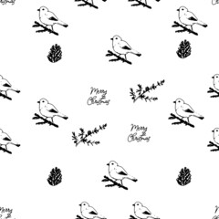 Vector Seamless Pattern Christmas Black and White By Hand Snow Globe Christmas Tree Cones