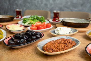 Breakfast table. Traditional Turkish Breakfast Table (Serpme Kahvaltı). Turkish style breakfast.