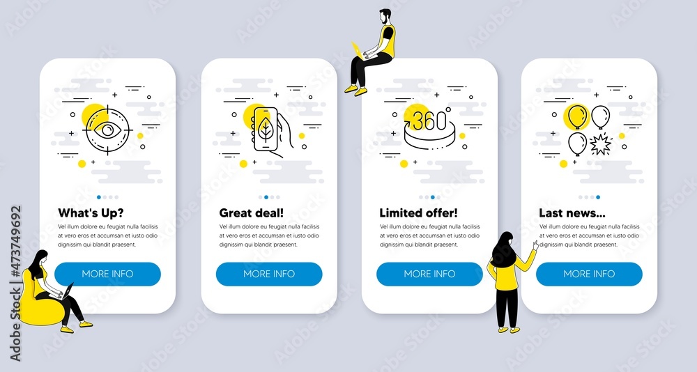 Poster vector set of business icons related to eye target, ecology app and 360 degrees icons. ui phone app 