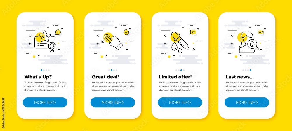 Poster vector set of chemistry pipette, drag drop and vip certificate line icons set. ui phone app screens 