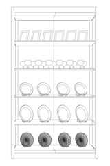 Outline of a shop window with plates and groceries from black lines isolated on a white background. Shop counter with kitchen utensils. Front view. Vector illustration