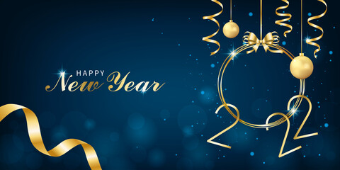 Fototapeta na wymiar Happy New Year 2022 banner with ribbon and bauble on dark blue background.