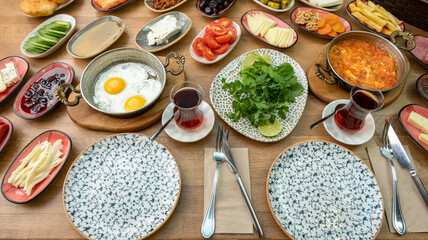 Breakfast table. Traditional Turkish Breakfast Table (Serpme Kahvaltı). Turkish style breakfast.