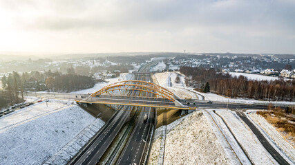 Autostrada A1 - węzeł komunikacyjny Mszana, koło Jastrzębia Zdróju na Śląsku w Polsce, zimą...