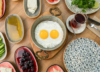 Breakfast table. Traditional Turkish Breakfast Table (Serpme Kahvaltı). Turkish style breakfast.