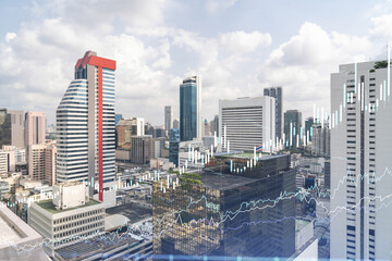 Forex and stock market chart hologram over panorama city view of Bangkok, the financial center in Southeast Asia. The concept of international trading. Double exposure.