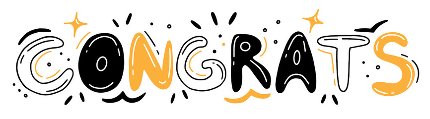 Congrats hand drawn cute doodle style lettering. Congratulation text illustration isolated on white background.
