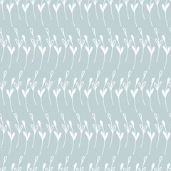 Winter botanical seamless pattern with white herbal rows on light blue background.