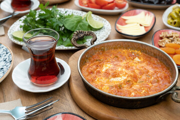Breakfast table. Traditional Turkish Breakfast Table (Serpme Kahvaltı). Turkish style breakfast.