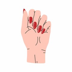 Female hand with red manicure in cartoon flat style. Illustration isolated on white background.