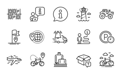 Transportation icons set. Included icon as Airplane, Delivery notification, Parking time signs. Baggage reclaim, Tractor, Flag symbols. Bike rental, World travel, Parking place. Lighthouse. Vector