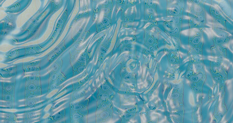 3d rendering. Surface of blue water with a stone bottom and ripples on the surface from raindrops.