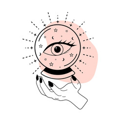 Hand is holding a magic crystal ball with all seeing eye inside. Alchemy esoteric mystical magic talisman in line art.