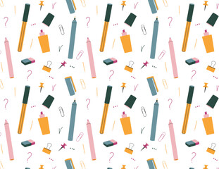 Office supplies seamless pattern. Illustration of pencils, erasers, and paper clips. Equipment for school, and work. 