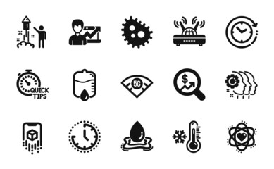 Vector set of Quick tips, Fireworks and Currency audit icons simple set. Atom, Time and Success business icons. Water splash, Time change and Employees teamwork signs. Vector