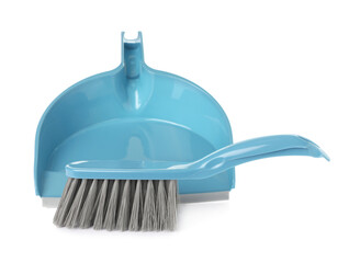 Plastic hand broom and dustpan on white background