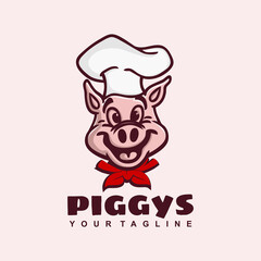 Cartoon Mascot Character Piggy Chef Logo Design Vector Illustration Template Idea