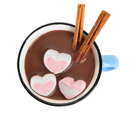 Cup of delicious hot chocolate with marshmallows and cinnamon sticks isolated on white, top view