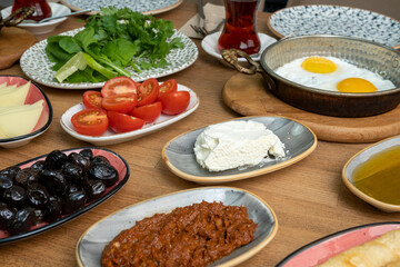 Breakfast table. Traditional Turkish Breakfast Table (Serpme Kahvaltı). Turkish style breakfast.