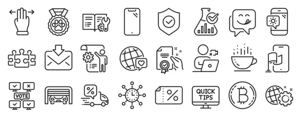 Set of Business icons, such as Dog competition, Online voting, Settings blueprint icons. Web tutorials, Incoming mail, Discount banner signs. Chemistry lab, Location app, Parking garage. Vector