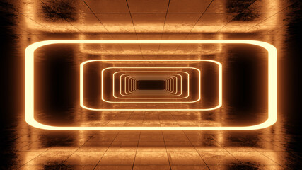 Three dimensional render of dark corridor illuminated with orange neon lighting