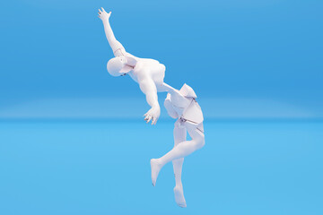Three dimensional render ofbroken human figure falling down against blue background