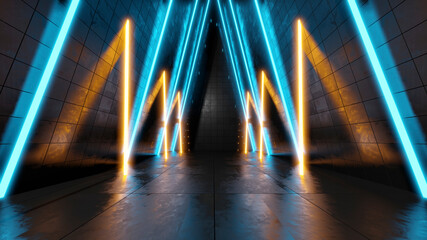 Three dimensional render of dark empty corridor illuminated by blue and yellow neon lights
