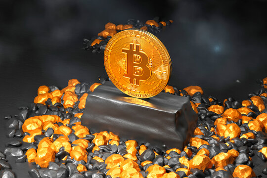 Three dimensional render of single Bitcoin standing inside gold mine