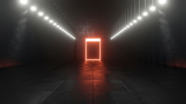 Three dimensional render of red doorway glowing at end of dark corridor