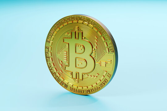 Three dimensional render of Bitcoin standing against blue background